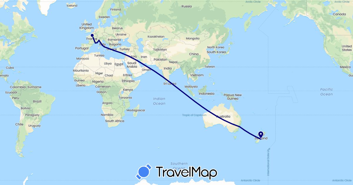 TravelMap itinerary: driving in United Arab Emirates, Australia, France, Greece, Italy, New Zealand (Asia, Europe, Oceania)